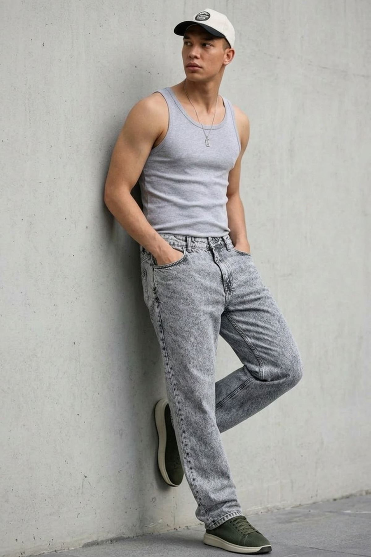 Erkek Relaxed Fit  5 Cepli Açık Gri Kot Pantolon