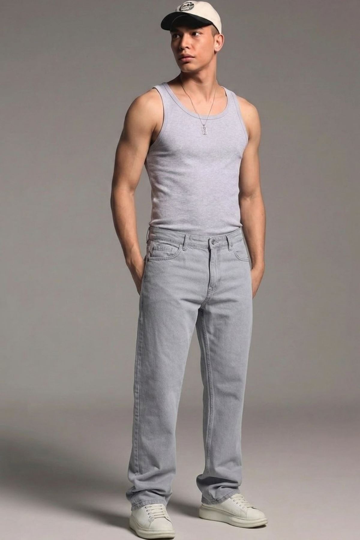 Erkek Relaxed Fit  5 Cepli Gri Kot Pantolon