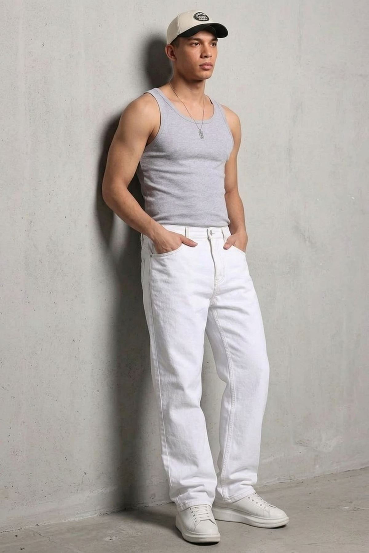 Erkek Relaxed Fit  5 Cepli Beyaz Kot Pantolon
