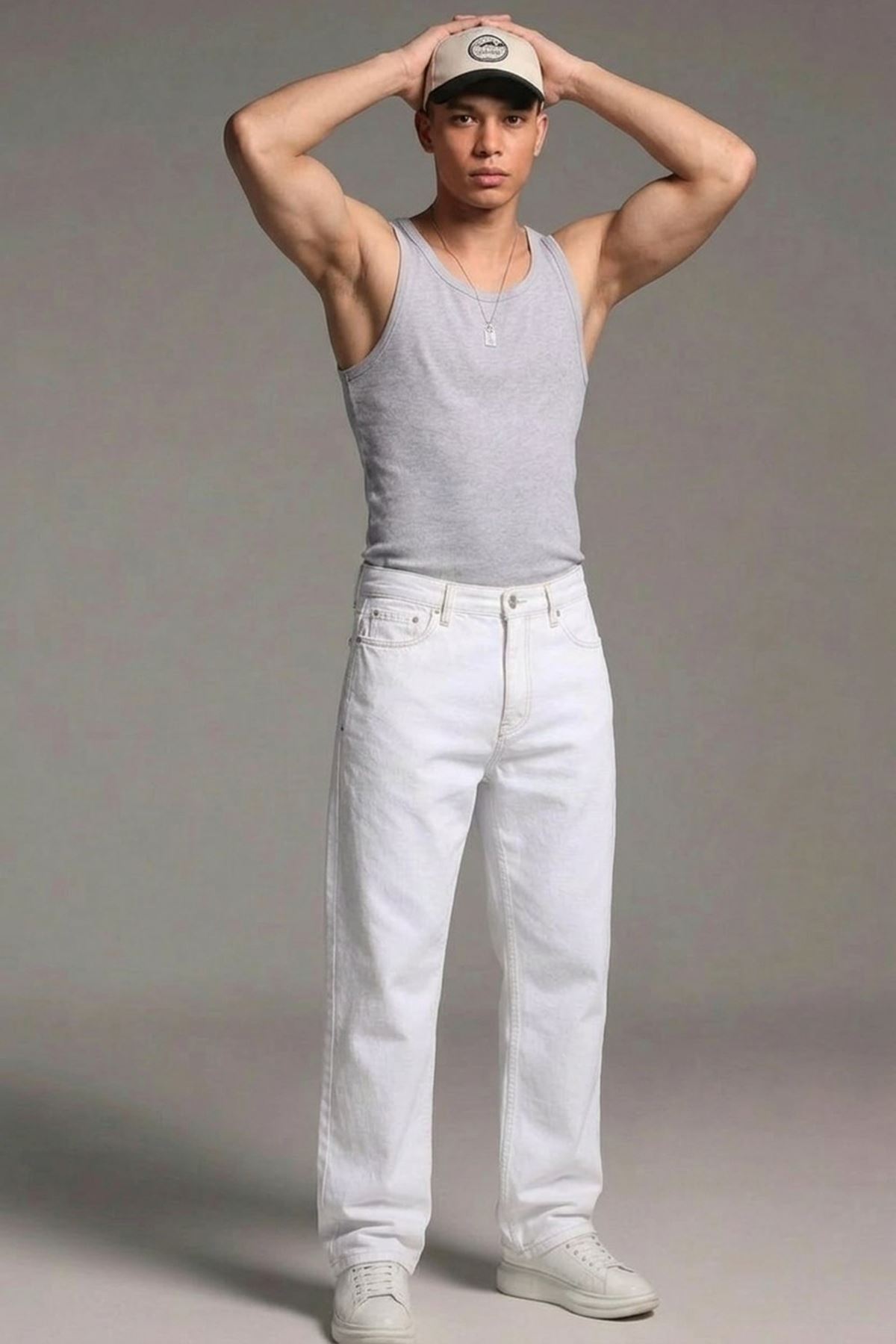 Erkek Relaxed Fit  5 Cepli Beyaz Kot Pantolon