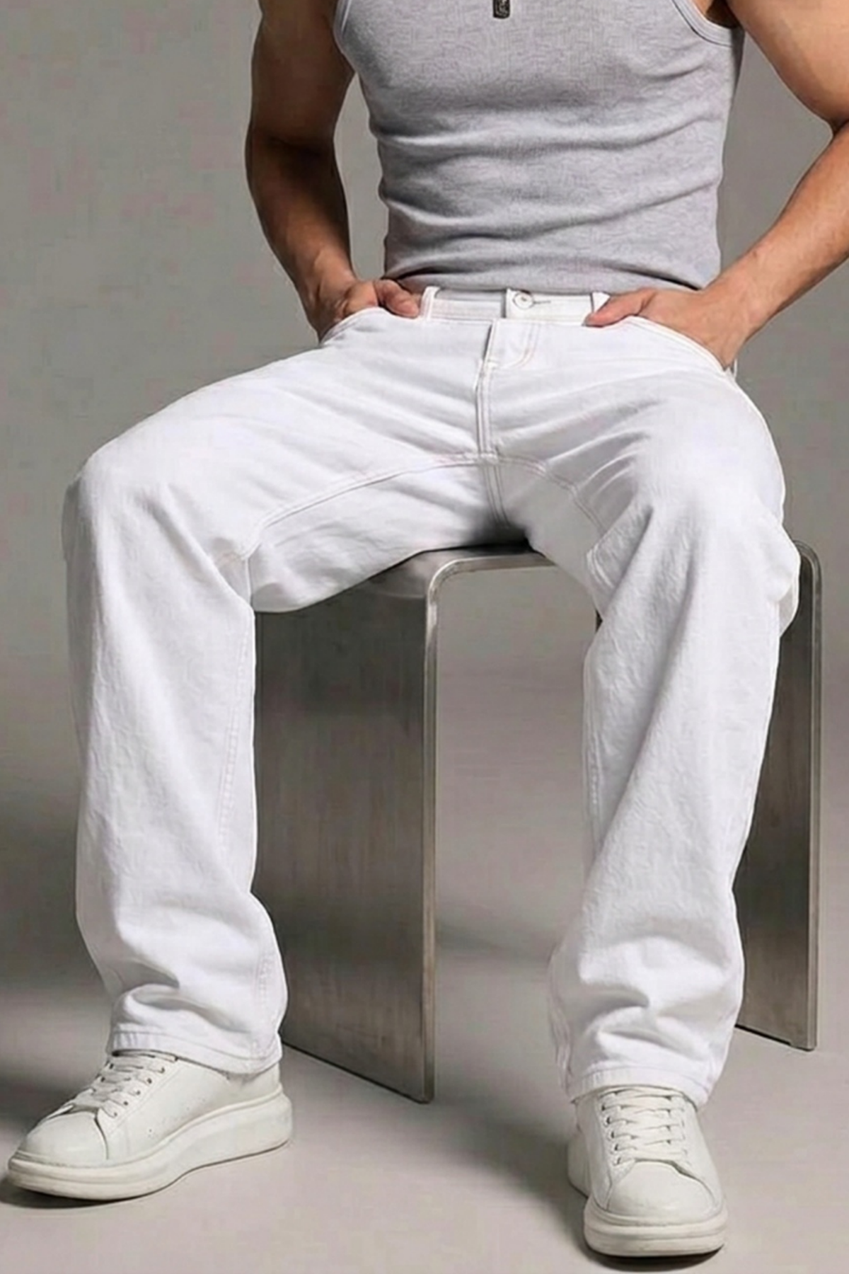 Erkek Relaxed Fit  5 Cepli Beyaz Kot Pantolon