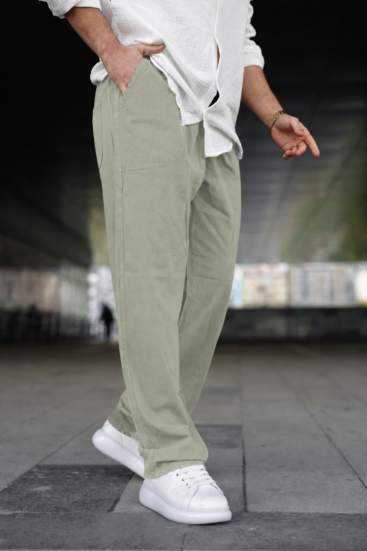 Erkek Trend Basic Bol Paça Ç.Yeşil Baggy Keten Pantolon