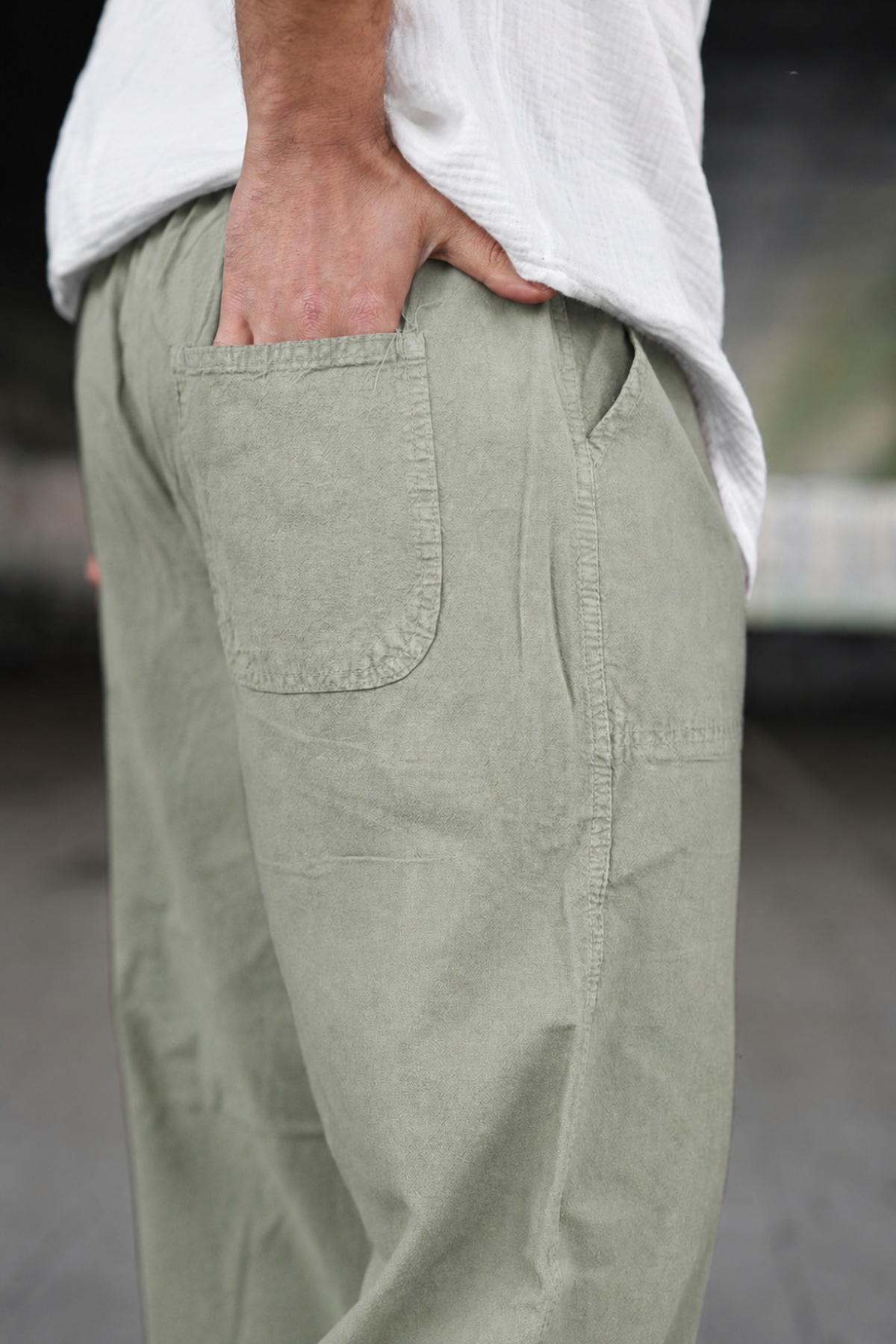 Erkek Trend Basic Bol Paça Ç.Yeşil Baggy Keten Pantolon