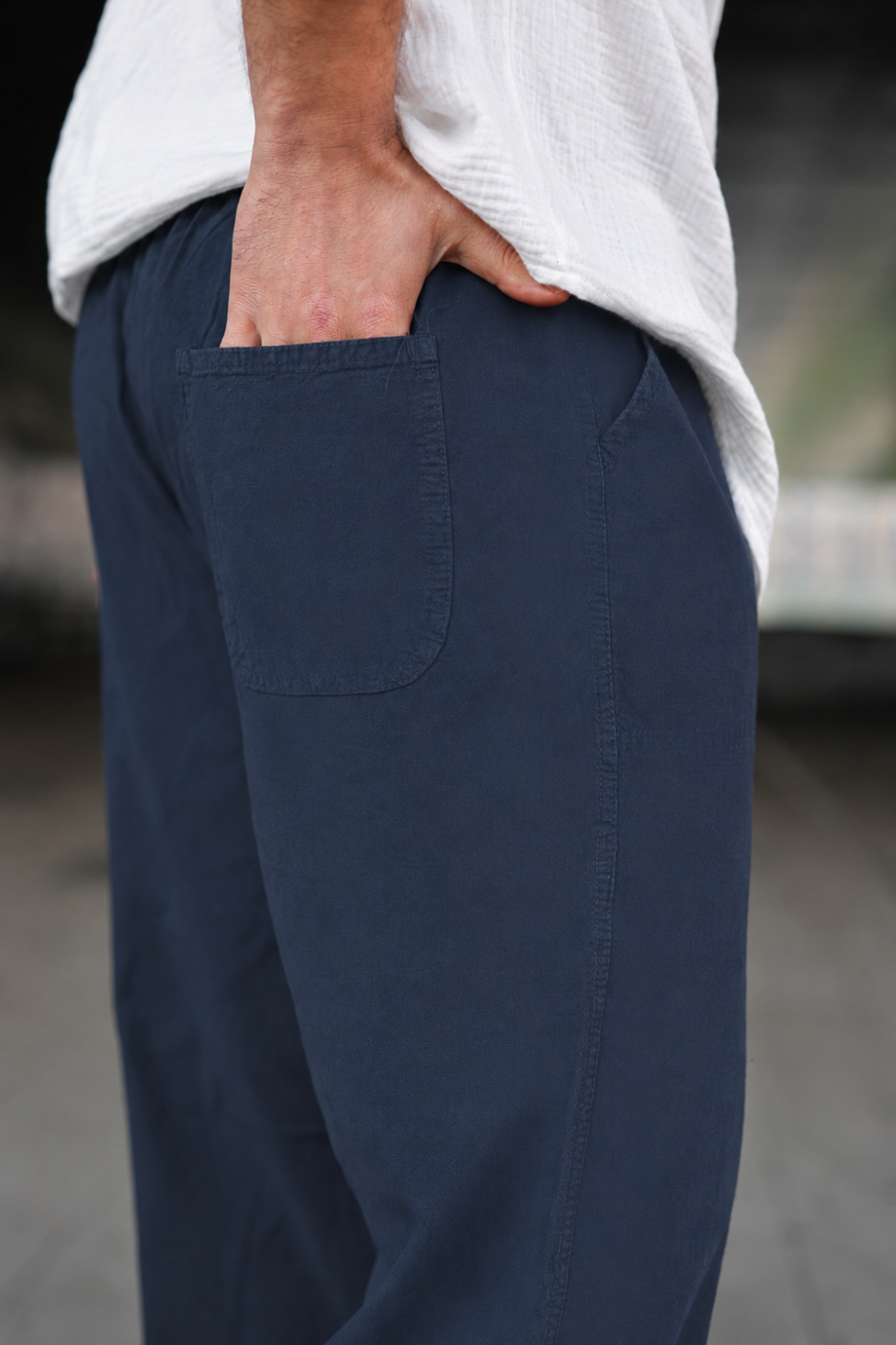 Erkek Trend Basic Bol Paça Lacivert Baggy Keten Pantolon