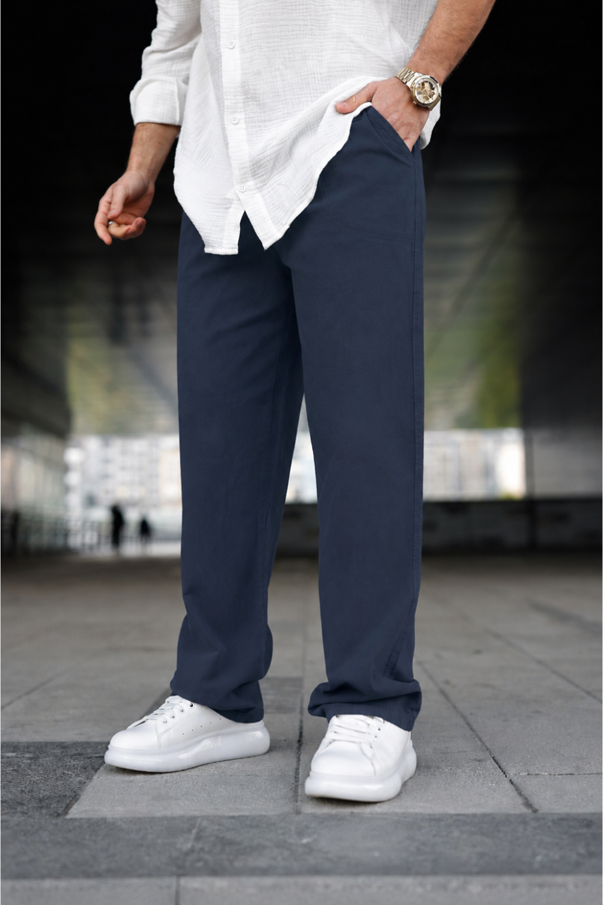 Erkek Trend Basic Bol Paça Lacivert Baggy Keten Pantolon