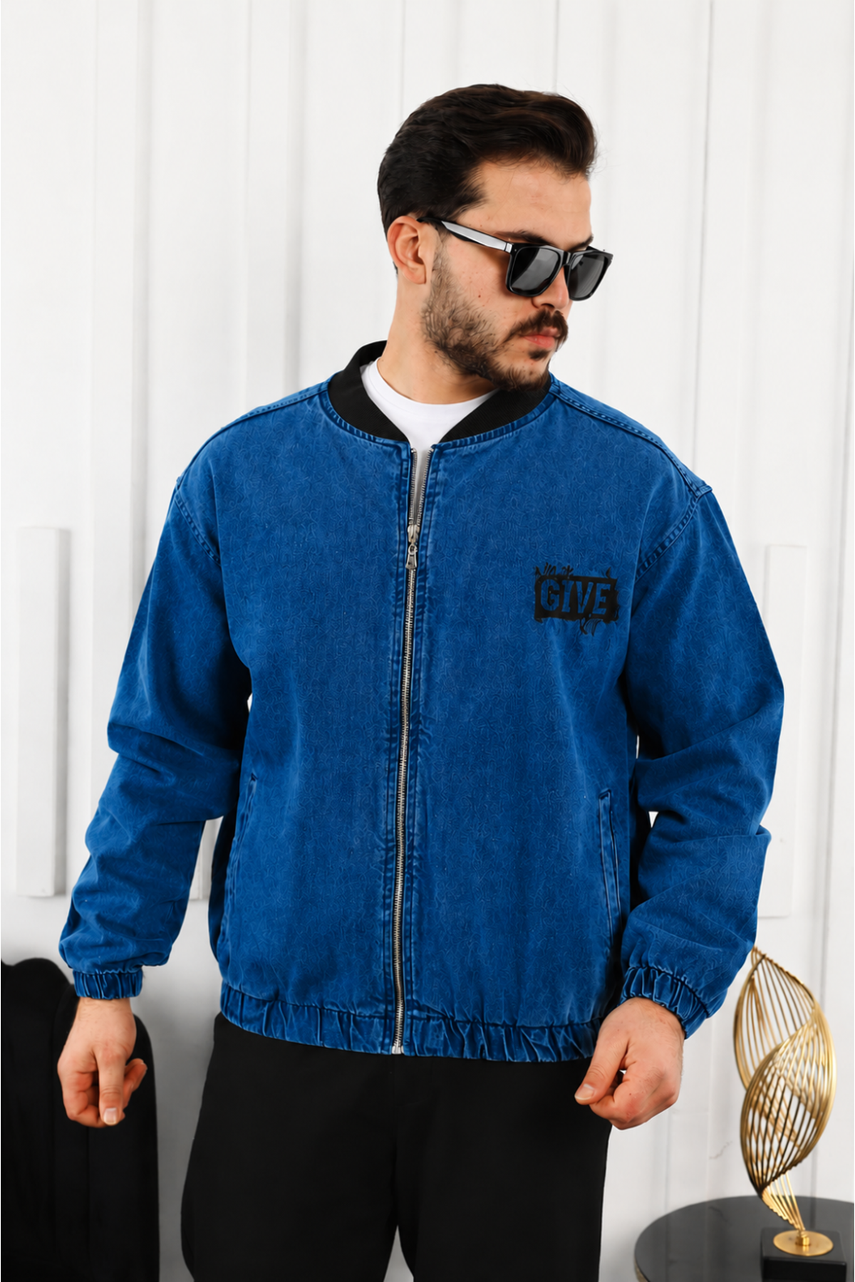 Erkek Oversize Günlük Bomber Jean Lacivert Fermuarlı Kot Ceket