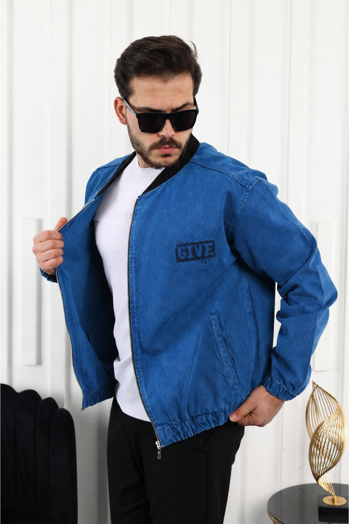 Erkek Oversize Günlük Bomber Jean Lacivert Fermuarlı Kot Ceket