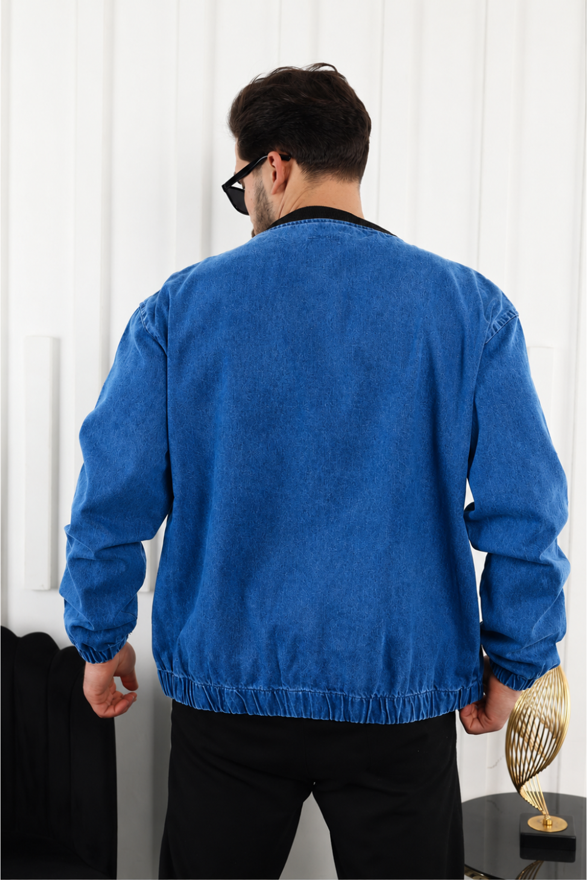 Erkek Oversize Günlük Bomber Jean Lacivert Fermuarlı Kot Ceket