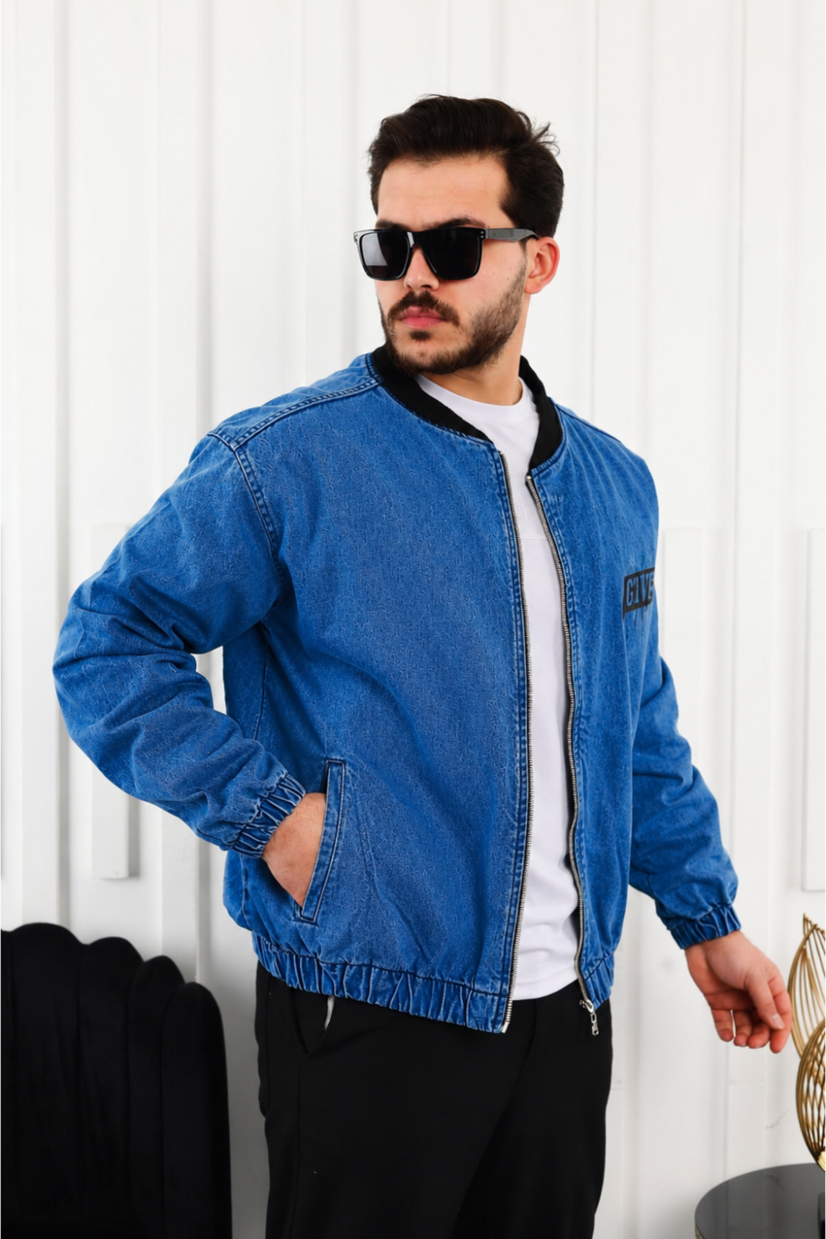 Erkek Oversize Günlük Bomber Jean Lacivert Fermuarlı Kot Ceket