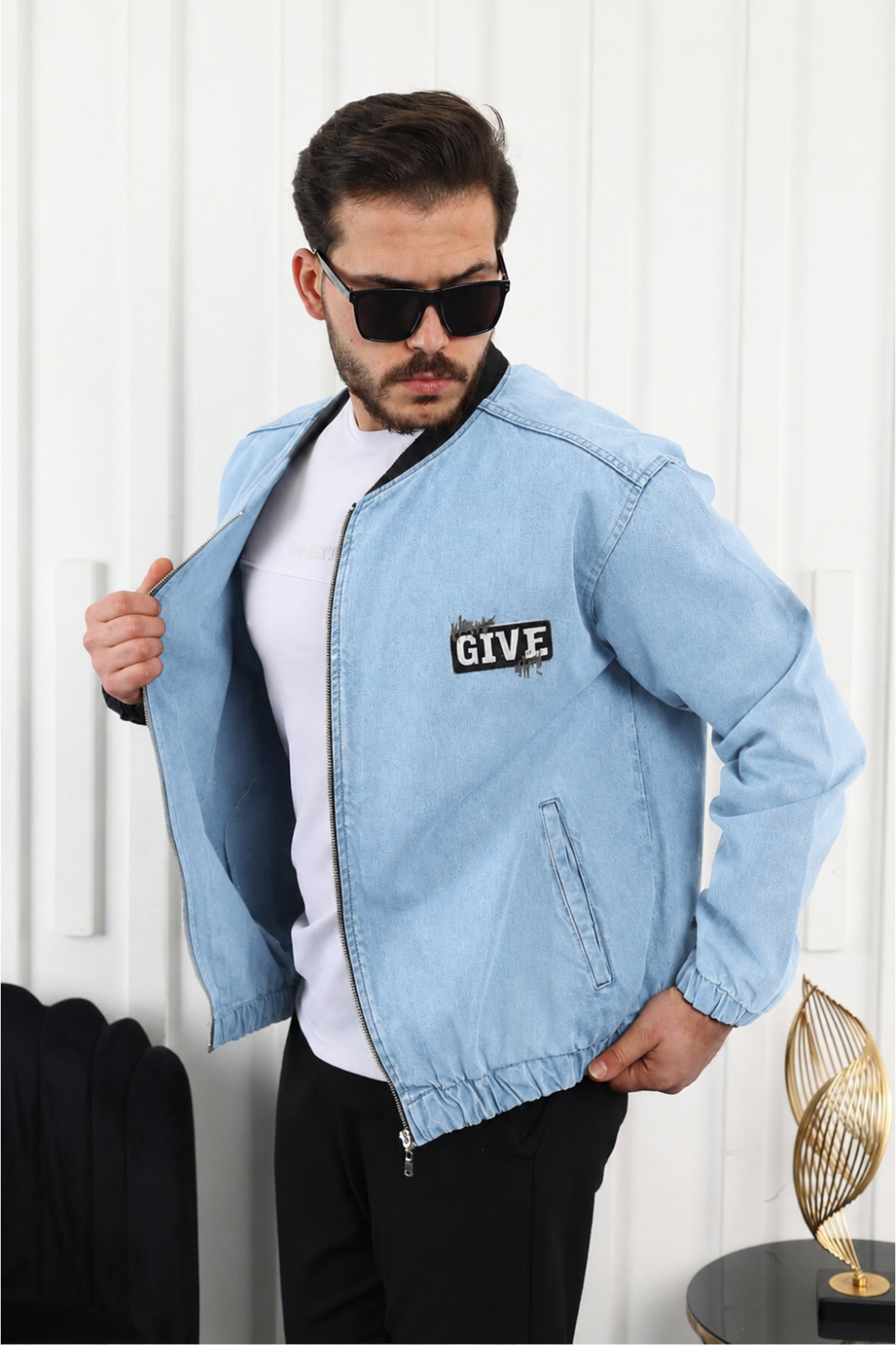 Erkek Oversize Günlük Bomber Jean B.Mavi Fermuarlı Kot Ceket