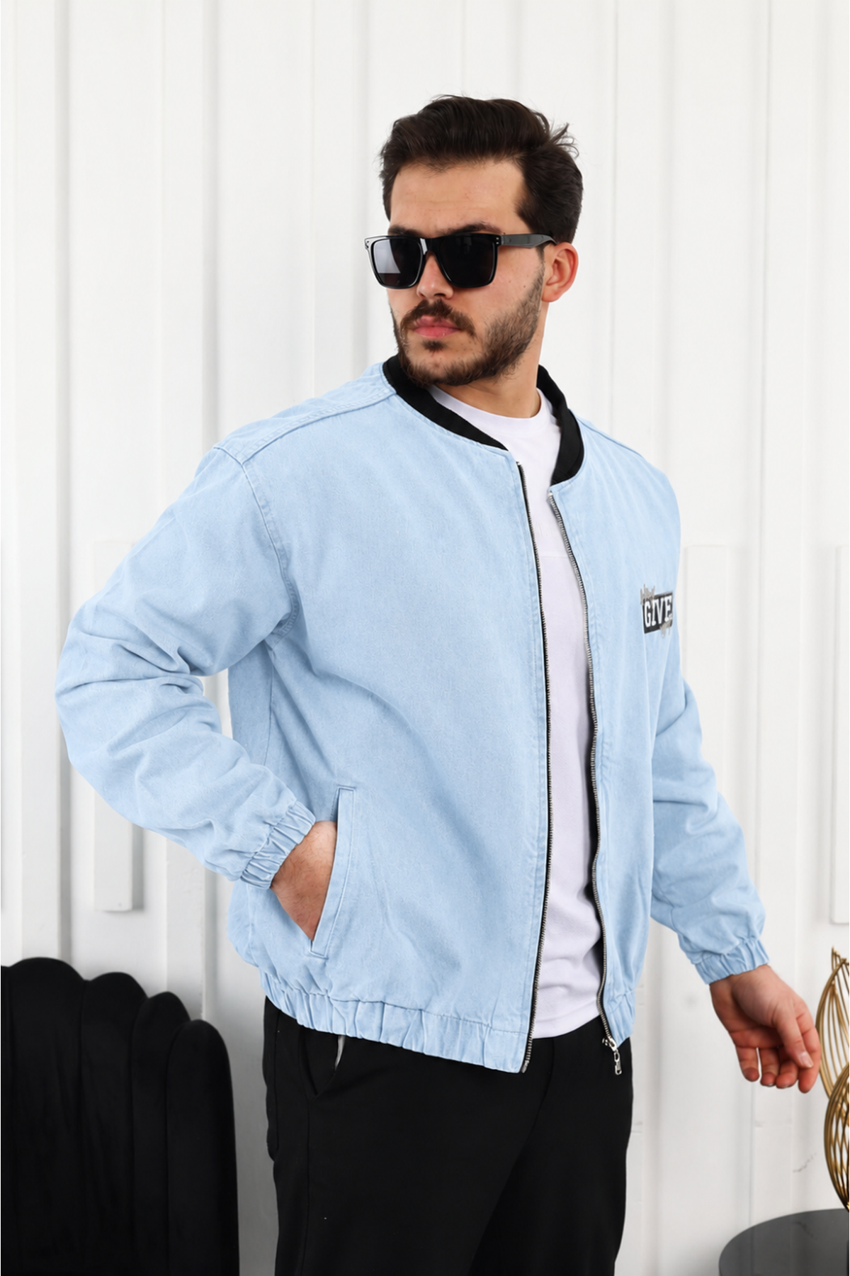 Erkek Oversize Günlük Bomber Jean B.Mavi Fermuarlı Kot Ceket