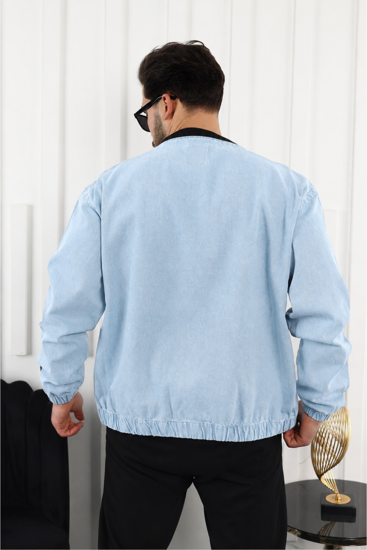 Erkek Oversize Günlük Bomber Jean B.Mavi Fermuarlı Kot Ceket