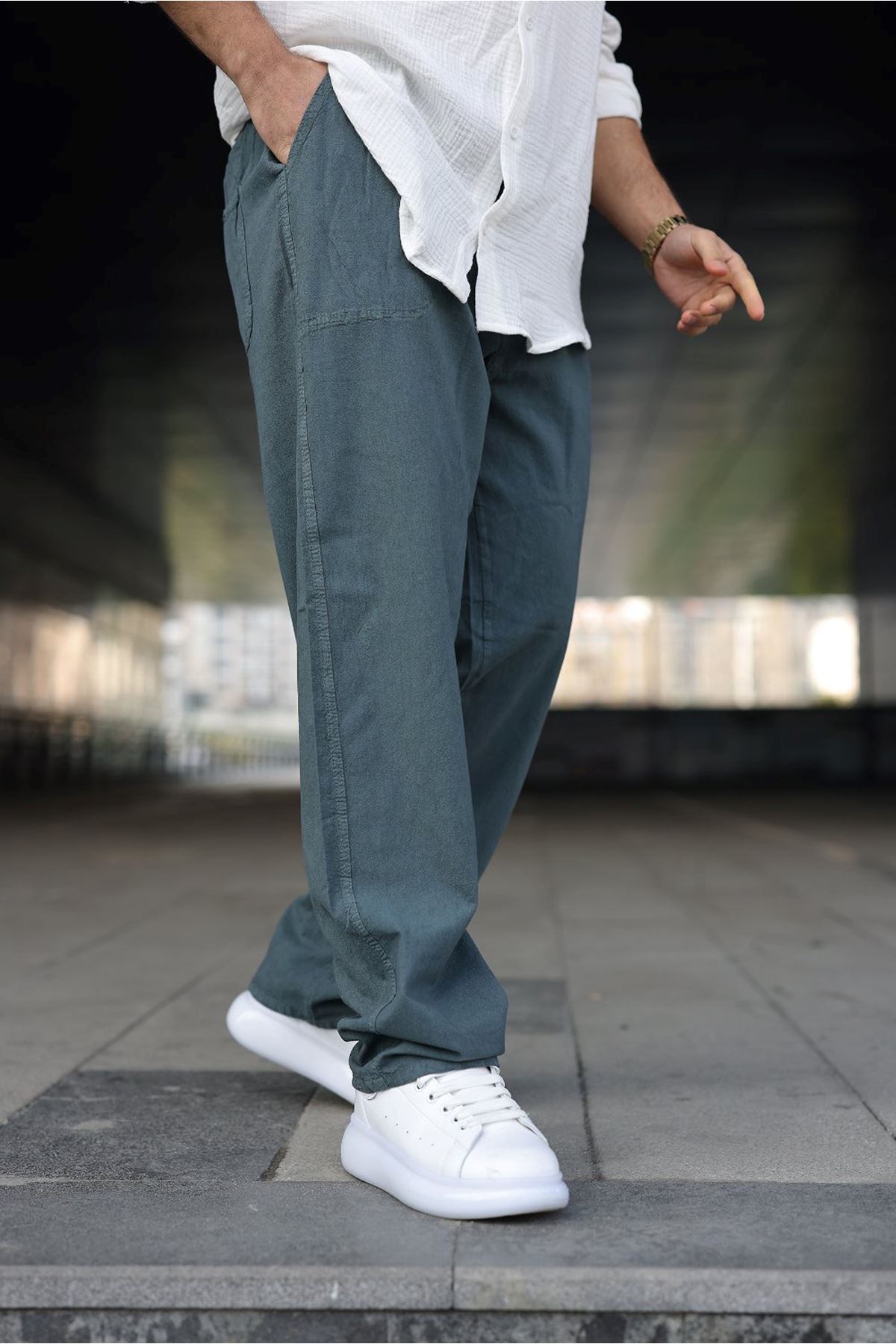 Erkek Trend Basic Bol Paça Petrol Baggy Keten Pantolon