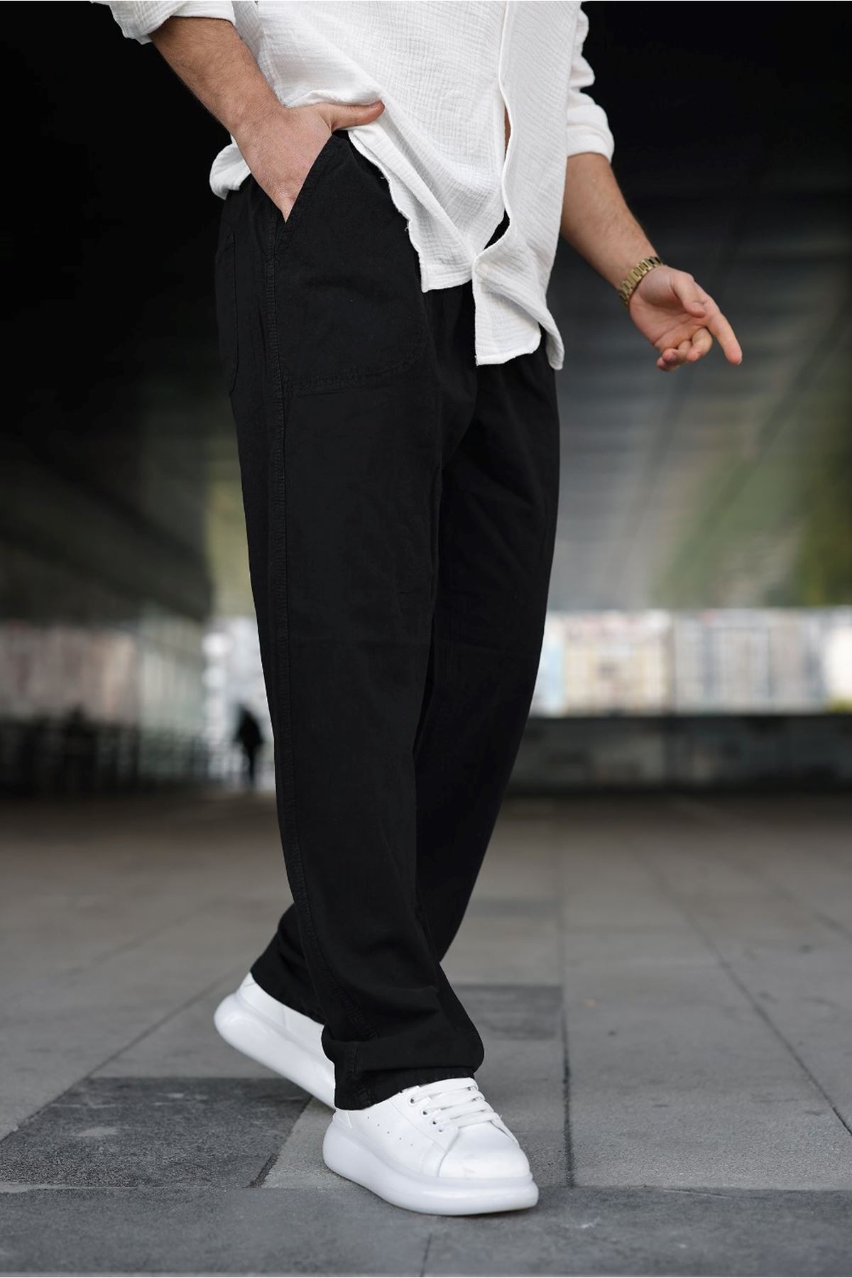 Erkek Trend Basic Bol Paça Siyah Baggy Keten Pantolon