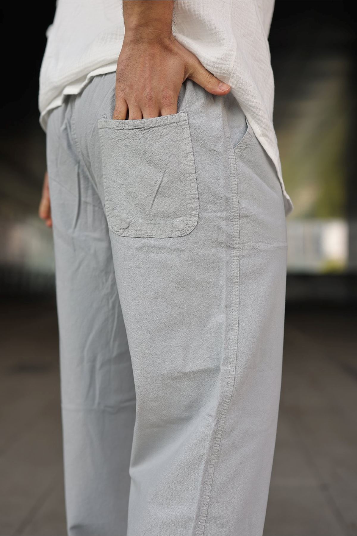 Erkek Trend Basic Bol Paça Gri Baggy Keten Pantolon