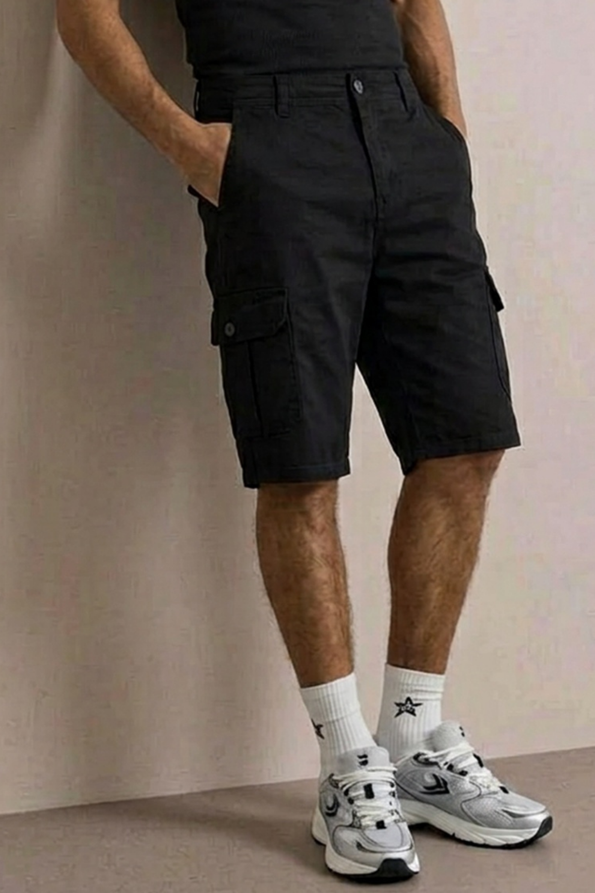 Erkek Preimium Kargo Cepli Siyah Uzun Kapri Şort
