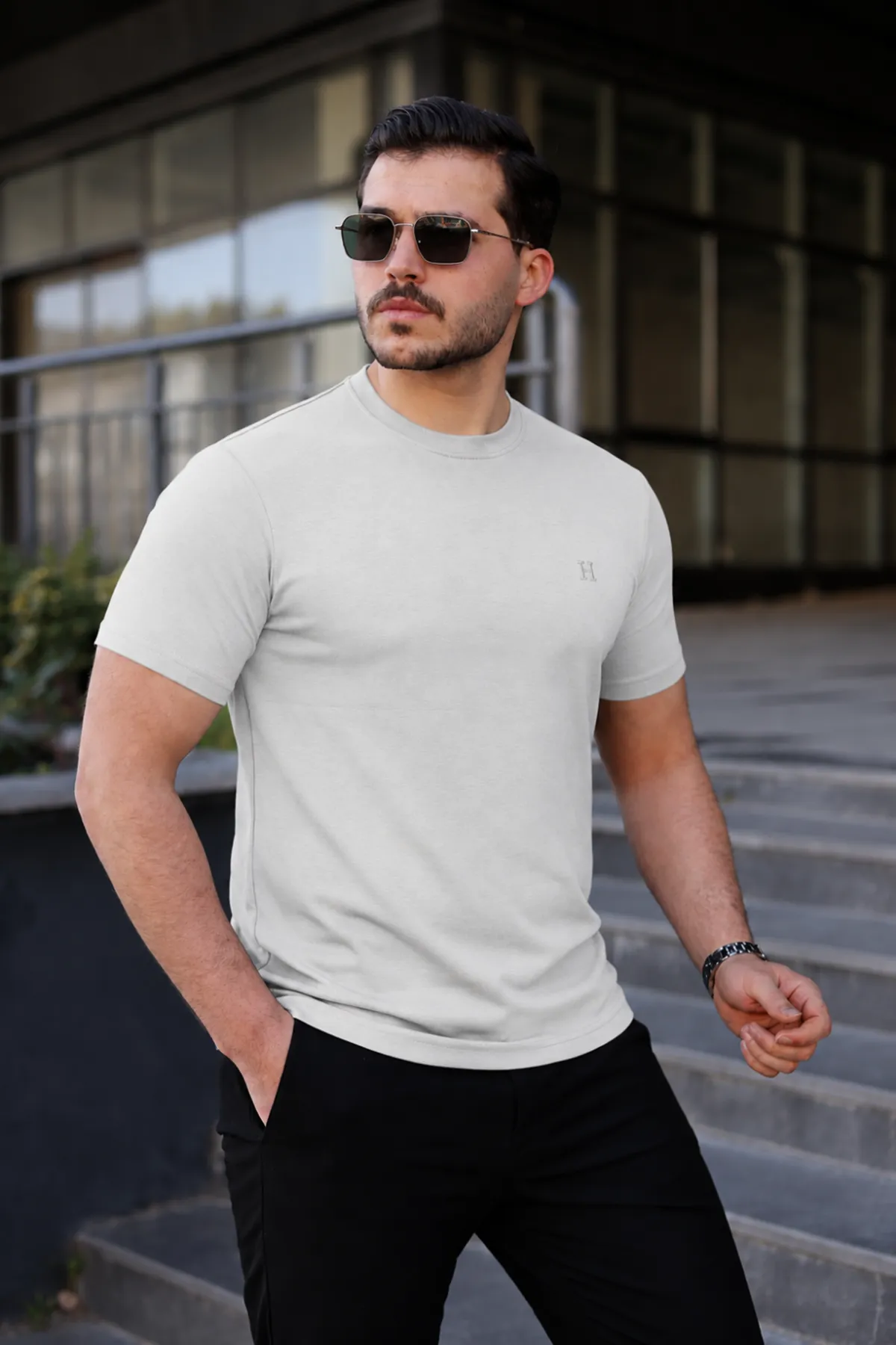 Erkek Kısa Kol Yazlık Baskılı A.Gri Dar Tişört