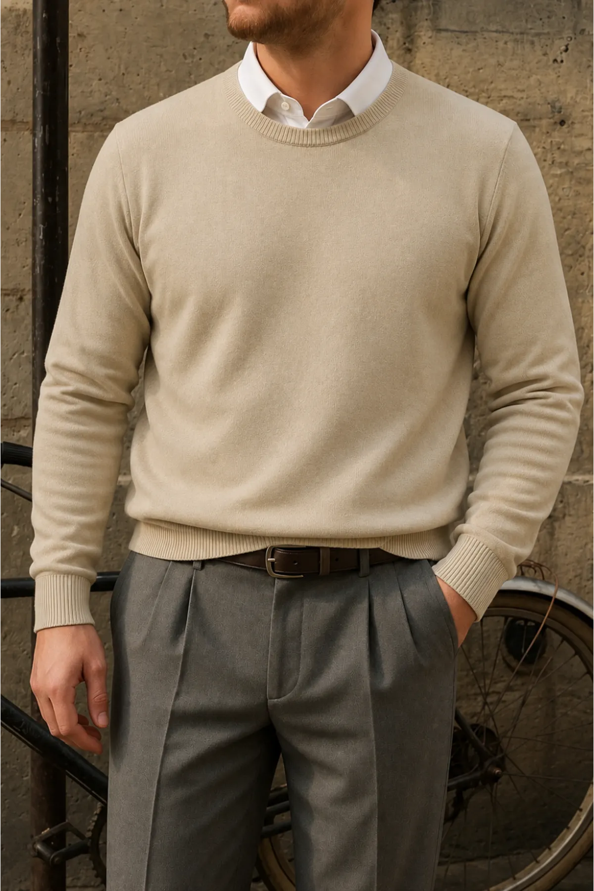 Erkek Bisiklet Yaka Slim Fit Krem Kazak