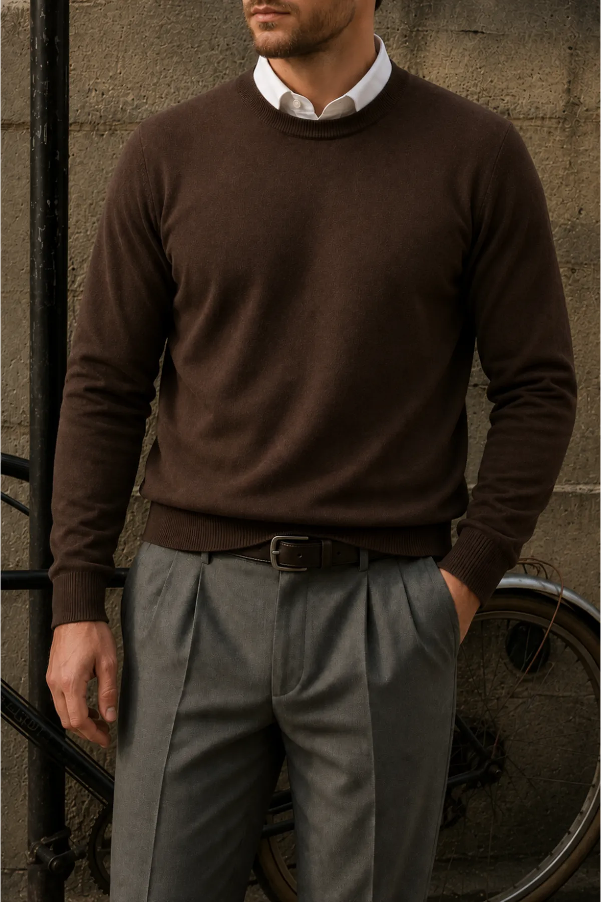 Erkek Bisiklet Yaka Slim Fit Kahve Kazak