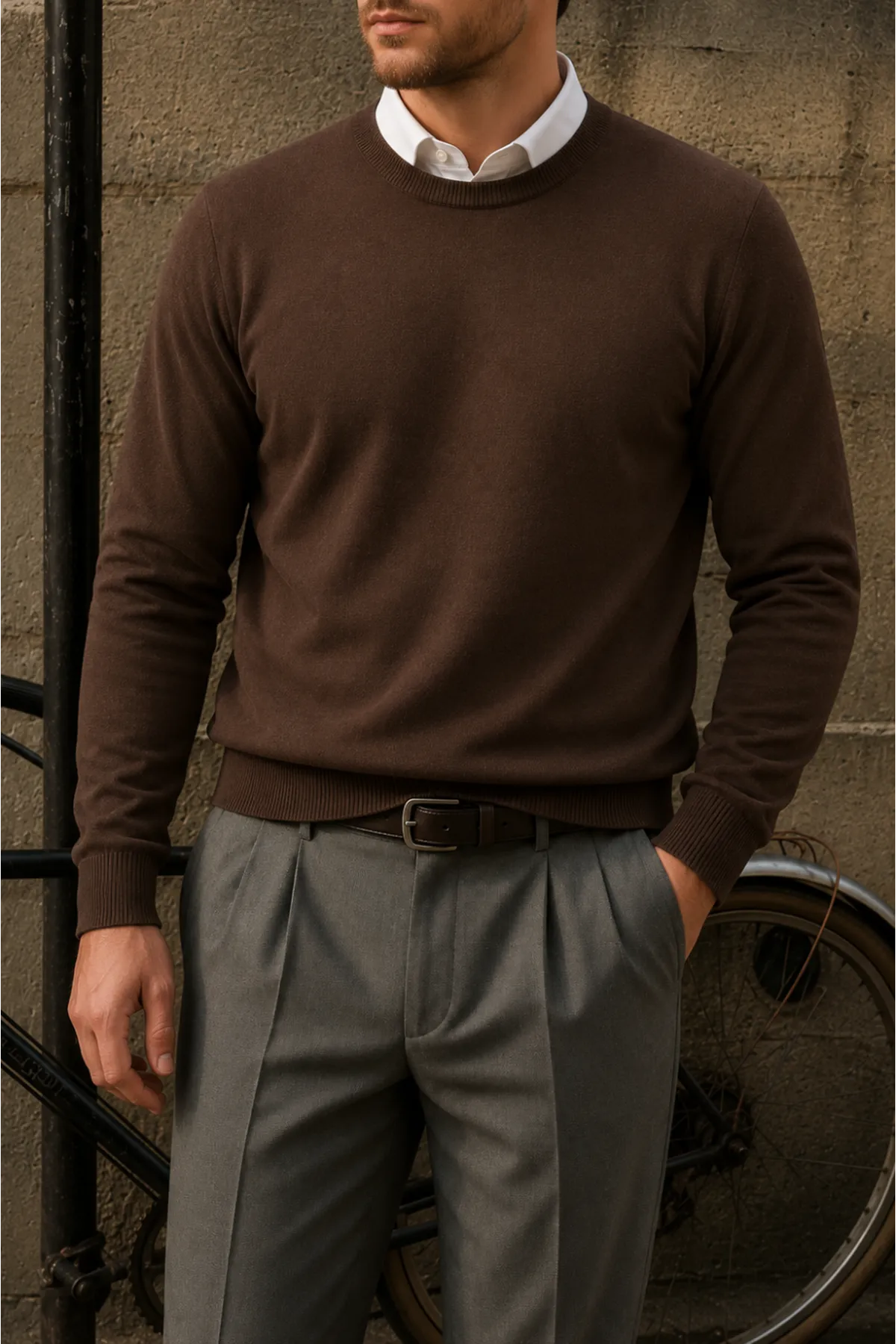 Erkek Bisiklet Yaka Slim Fit Kahve Kazak