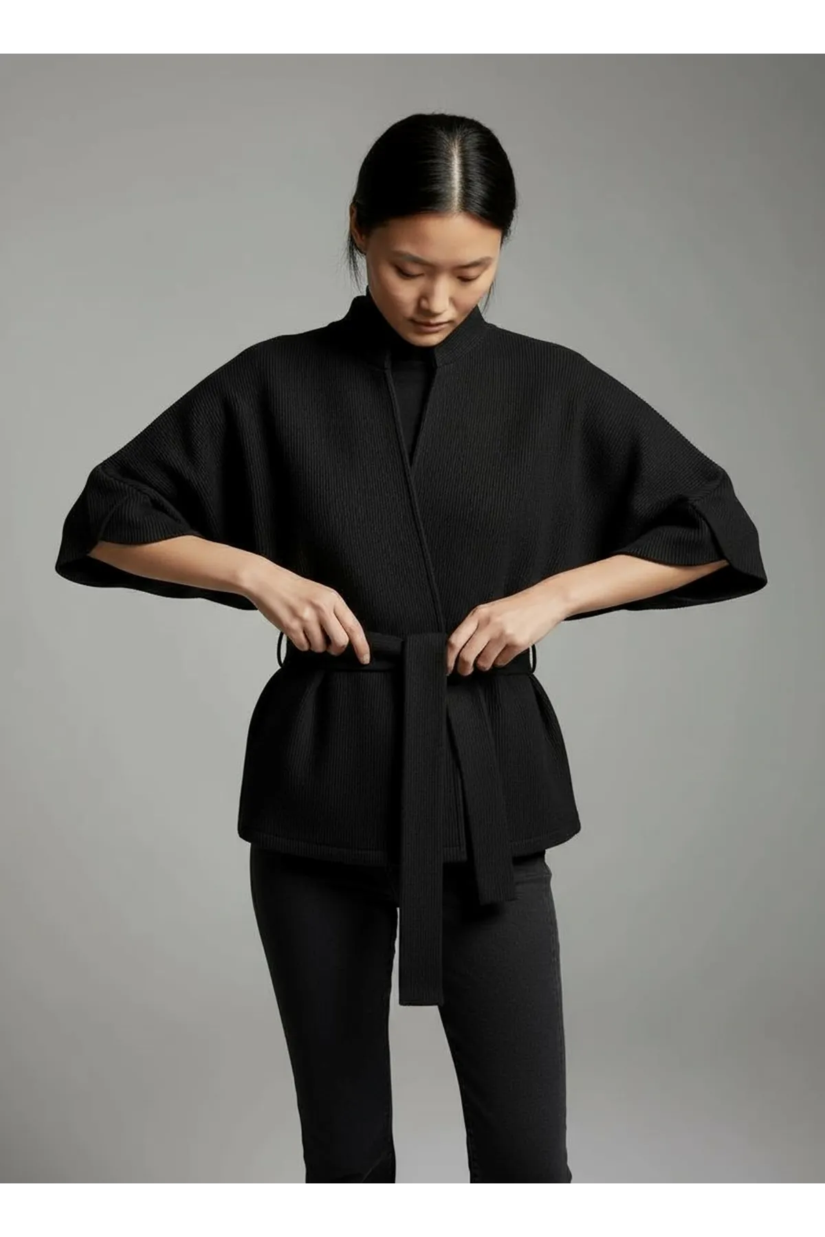 Kadın Trend Beli Bağlamalı Siyah Kimono Hırka