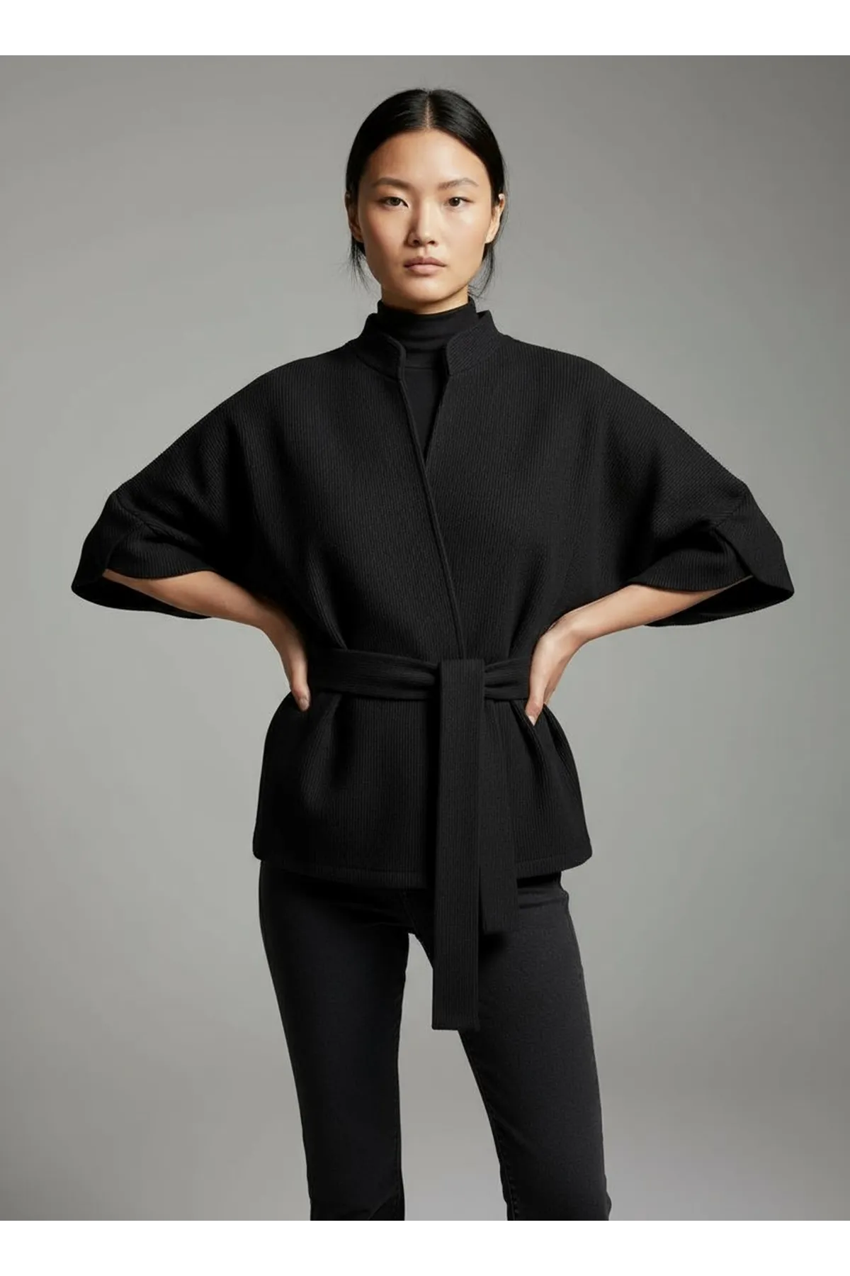 Kadın Trend Beli Bağlamalı Siyah Kimono Hırka