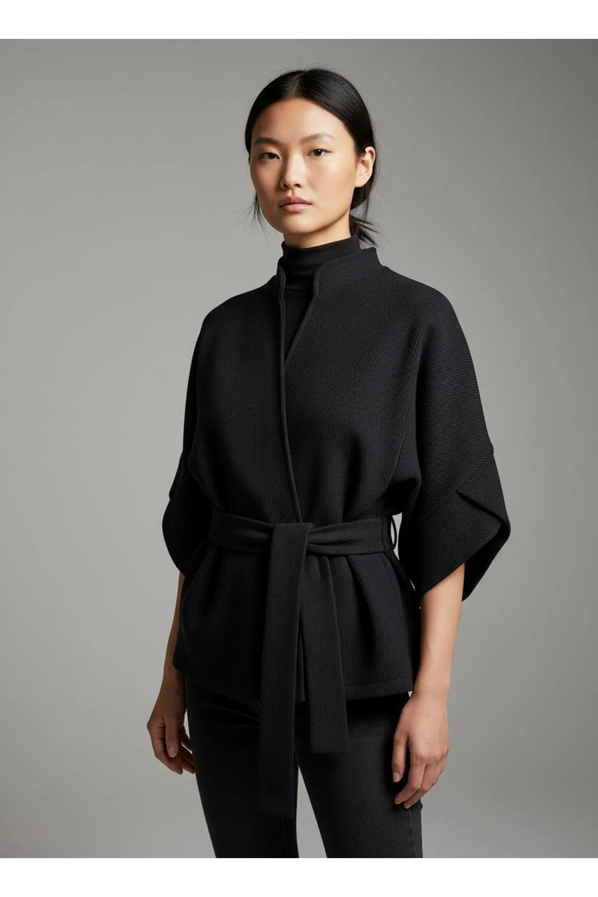 Kadın Trend Beli Bağlamalı Siyah Kimono Hırka