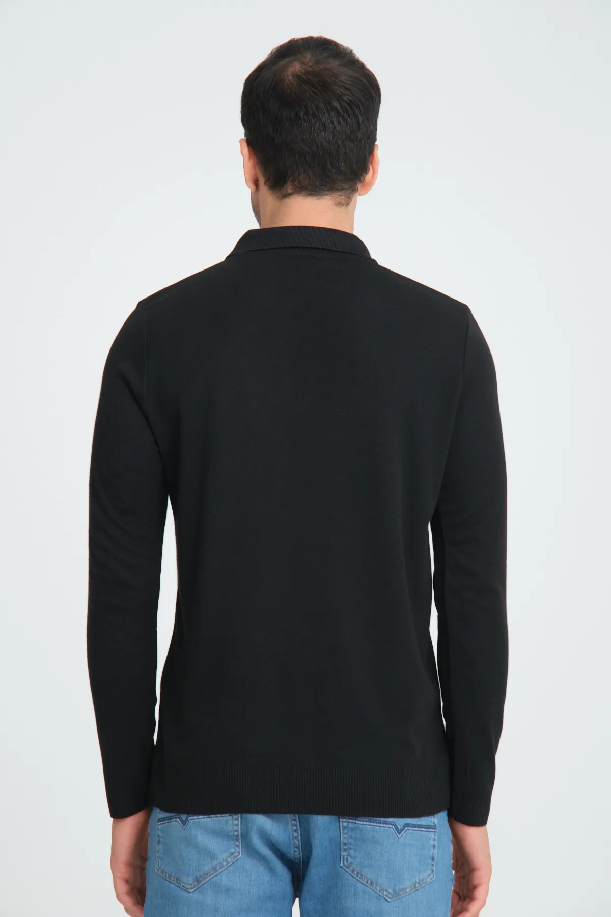 Erkek Triko Yarım Fermuarlı Siyah Polo Yaka T-shirt