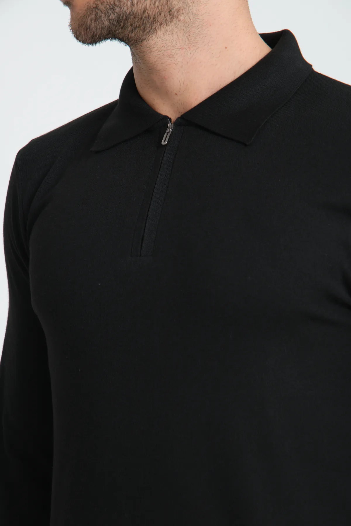 Erkek Triko Yarım Fermuarlı Siyah Polo Yaka T-shirt