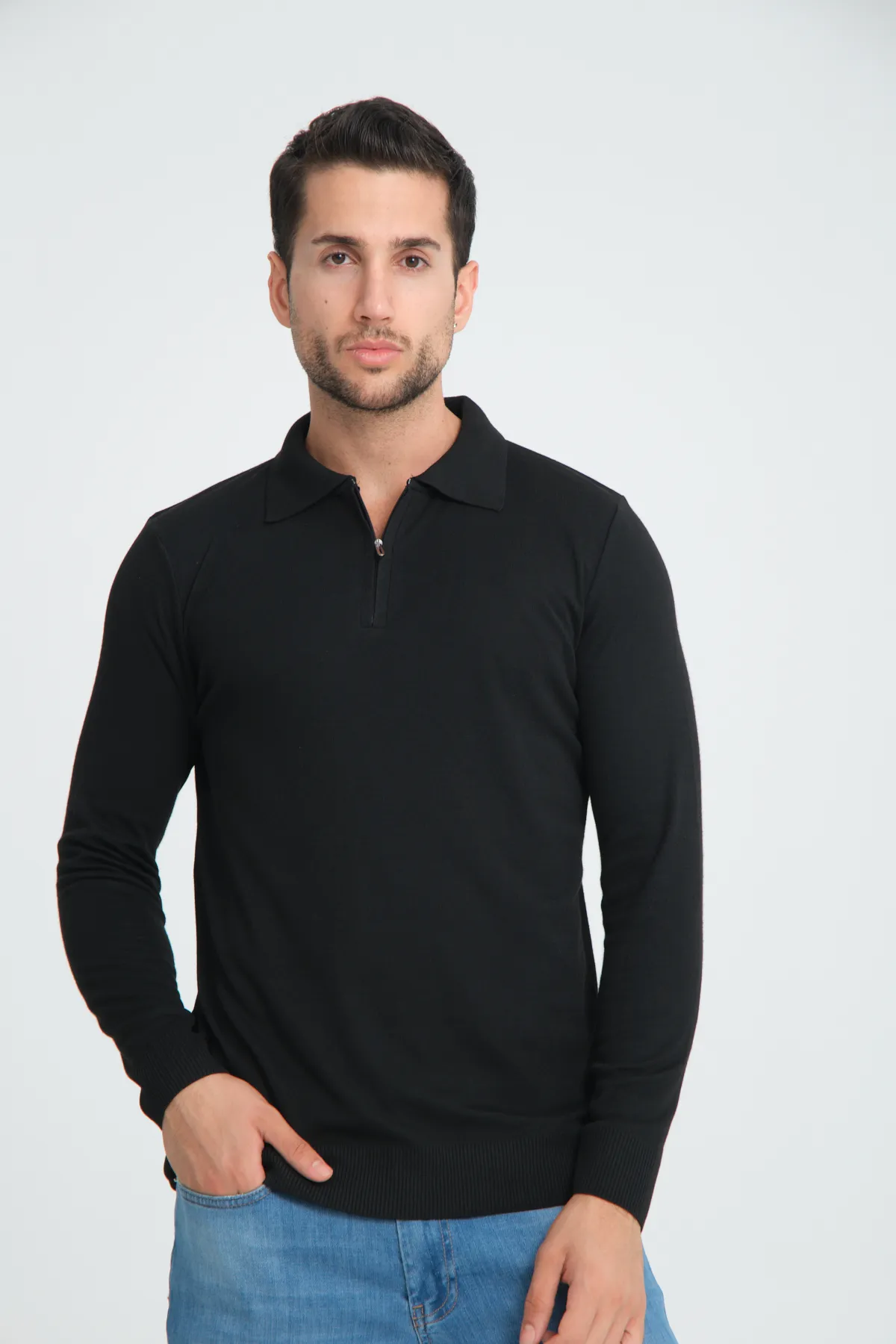 Erkek Triko Yarım Fermuarlı Siyah Polo Yaka T-shirt