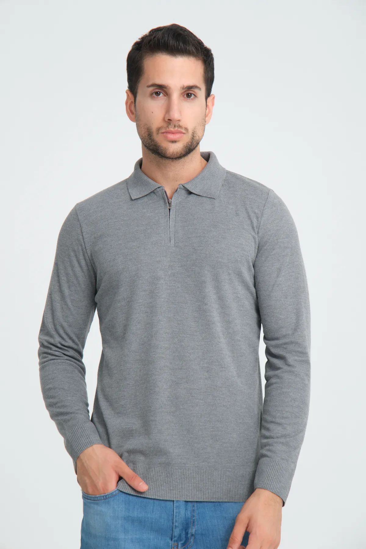 Erkek Triko Yarım Fermuarlı Gri Polo Yaka T-shirt