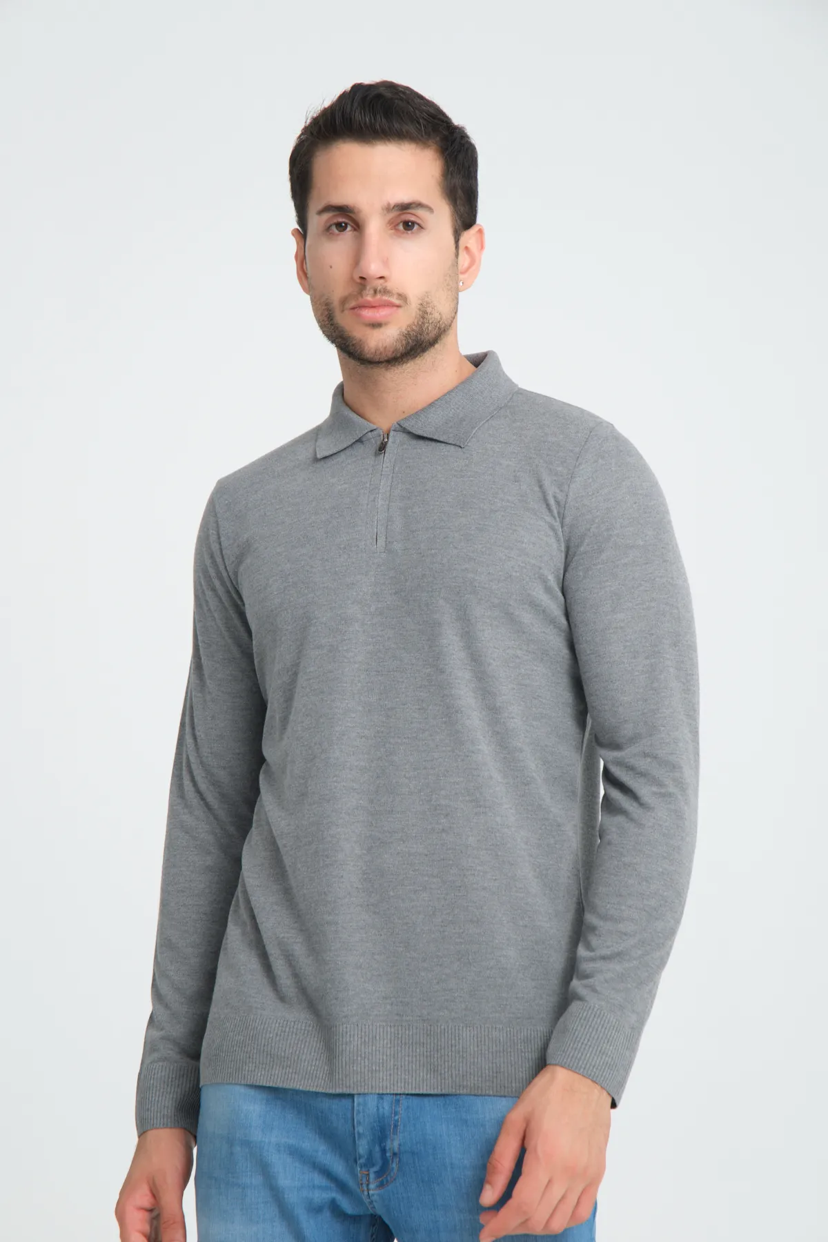 Erkek Triko Yarım Fermuarlı Gri Polo Yaka T-shirt