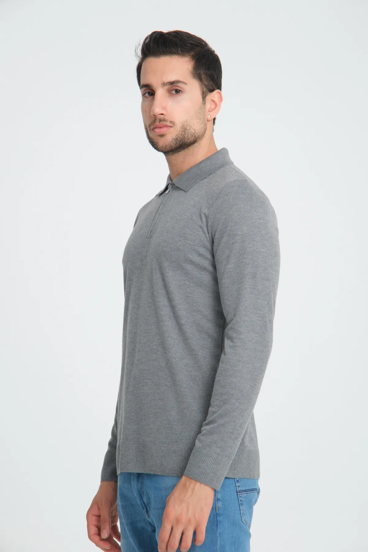 Erkek Triko Yarım Fermuarlı Gri Polo Yaka T-shirt