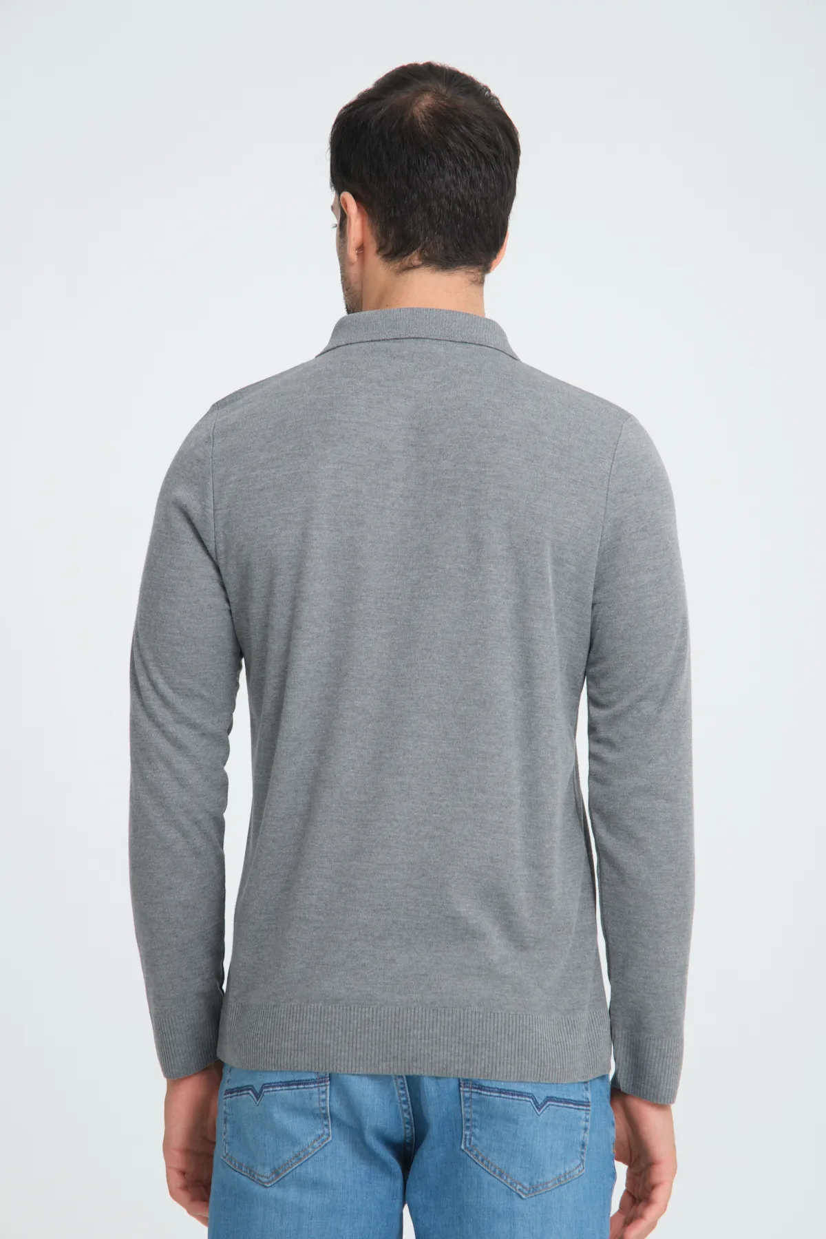 Erkek Triko Yarım Fermuarlı Gri Polo Yaka T-shirt