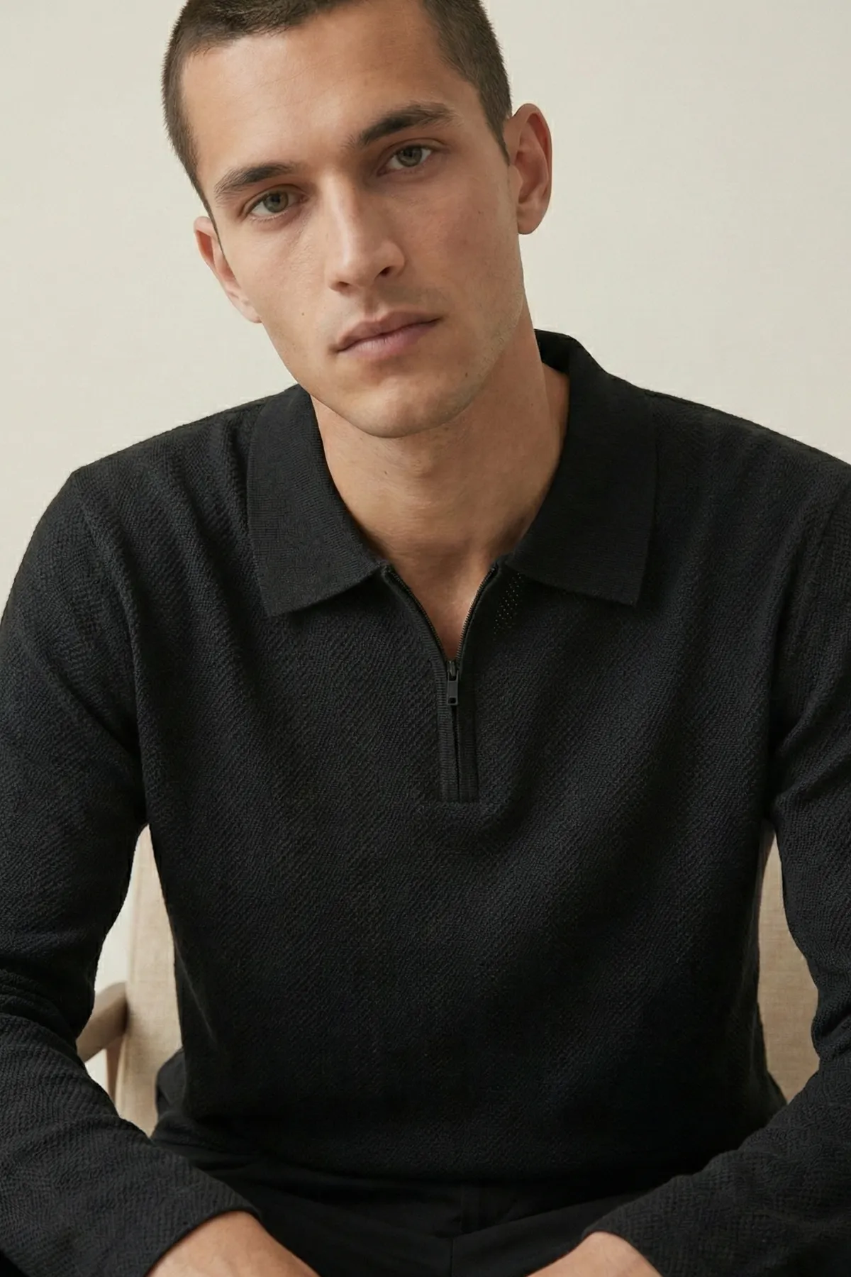 Erkek Triko Slim Fit Siyah Polo Yaka Tişört