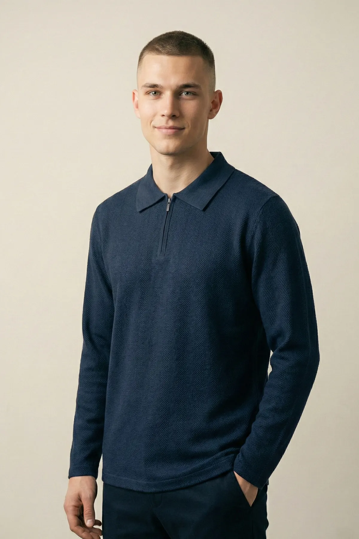 Erkek Triko Slim Fit Lacivert Polo Yaka Tişört