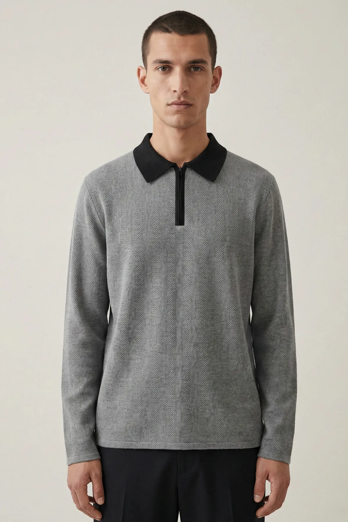 Erkek Triko Slim Zip Füme Polo Yaka Tişört