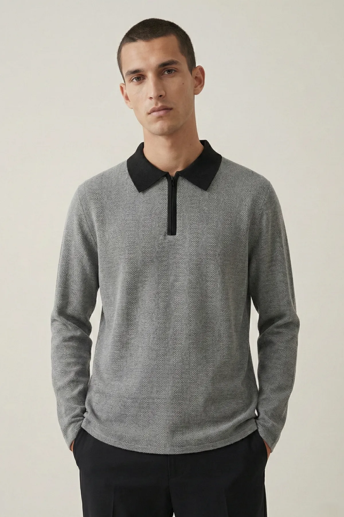 Erkek Triko Slim Zip Füme Polo Yaka Tişört