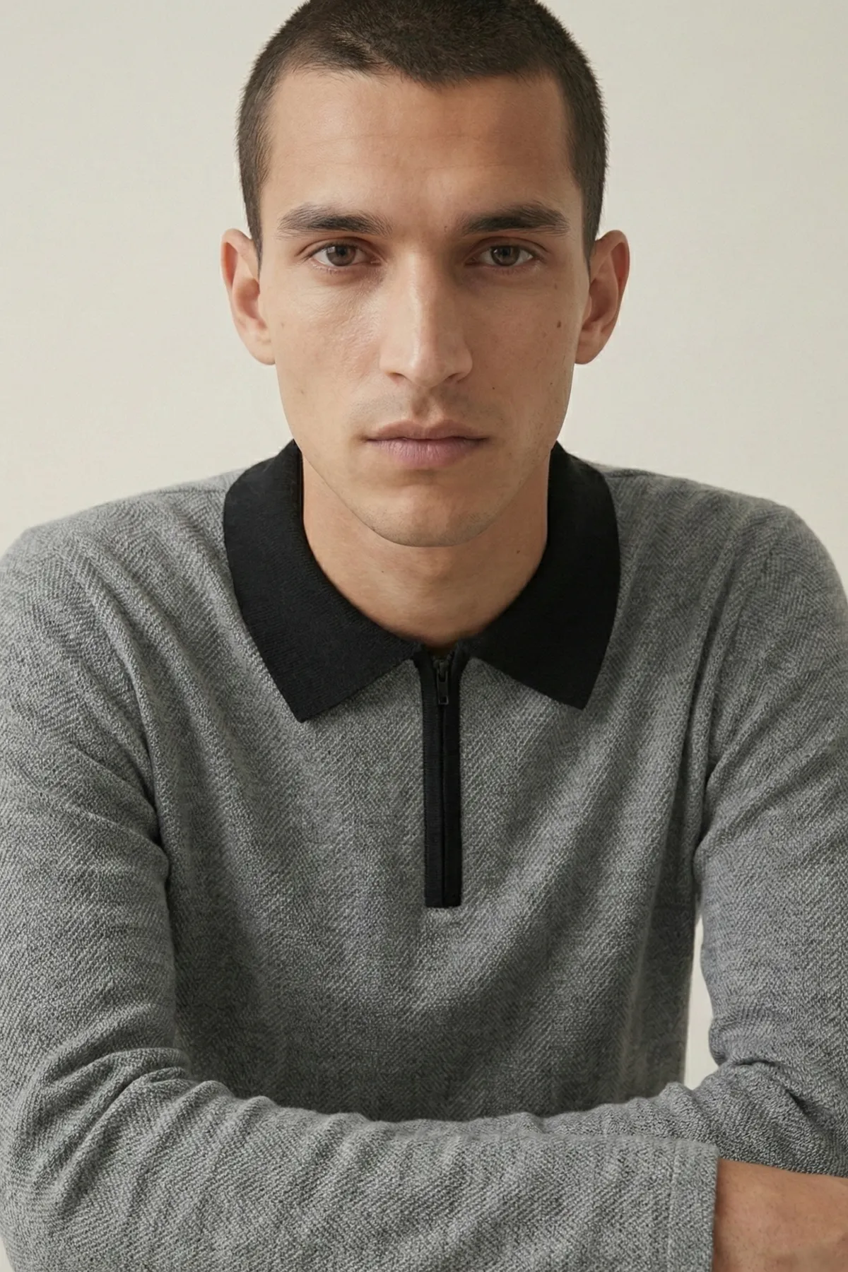 Erkek Triko Slim Zip Füme Polo Yaka Tişört