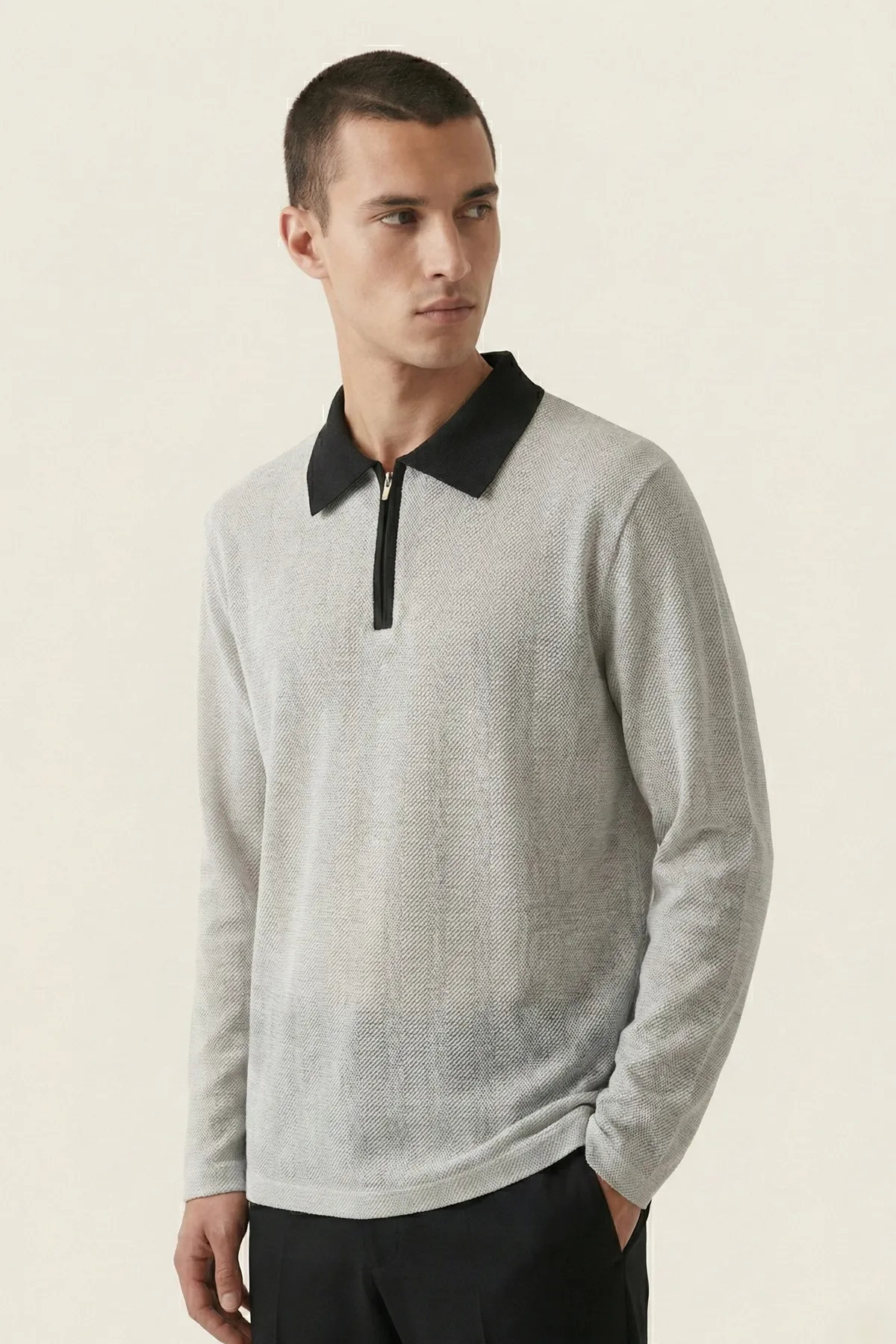 Erkek Triko Slim Fit Ekru Polo Yaka Tişört