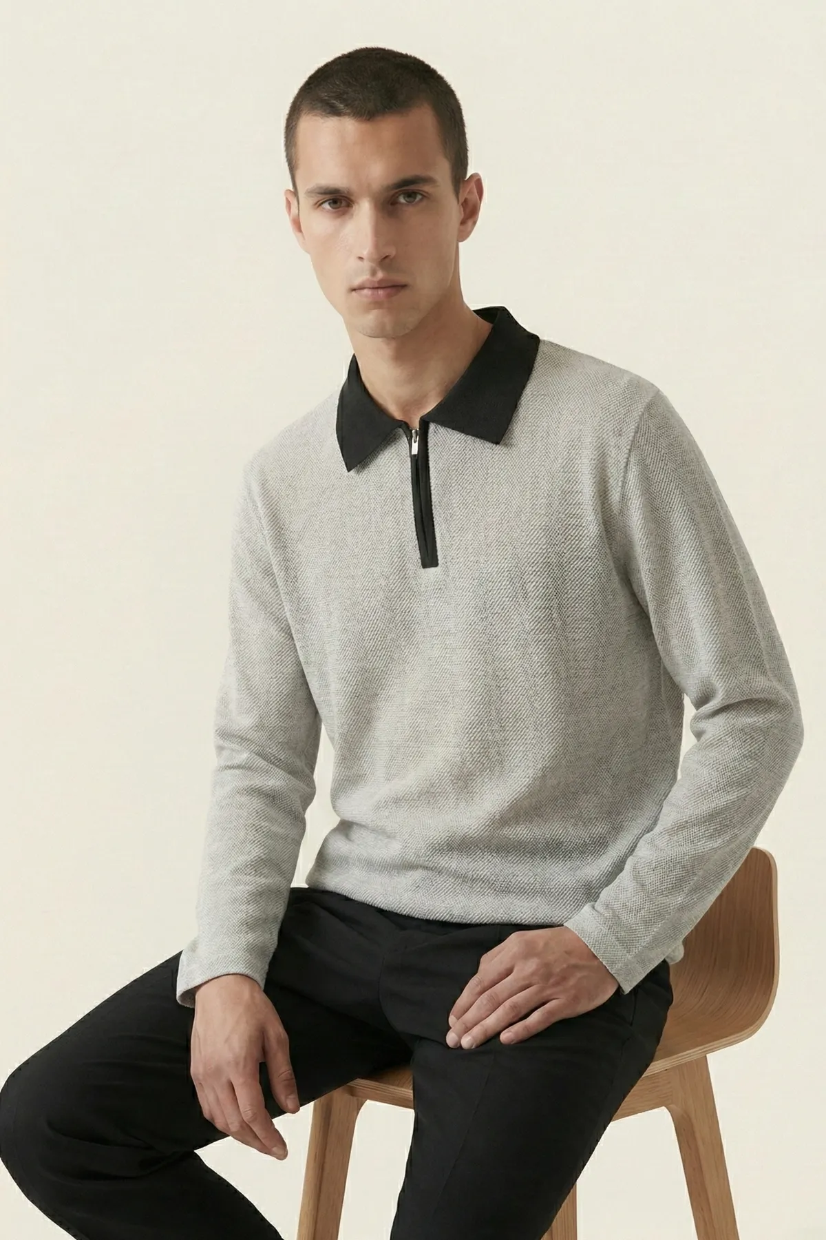Erkek Triko Slim Fit Ekru Polo Yaka Tişört