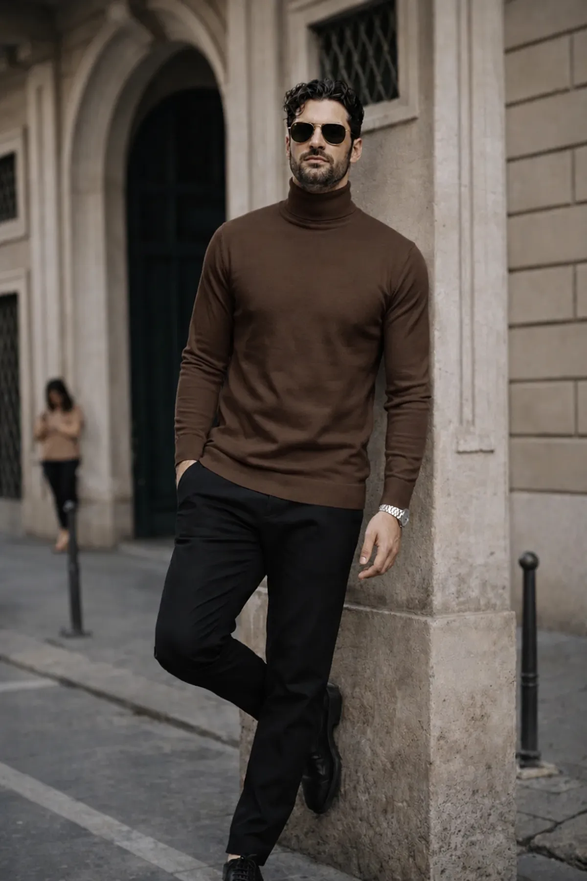 Erkek Kışlık Basic Slim Fit Uzun Kahve Kazak