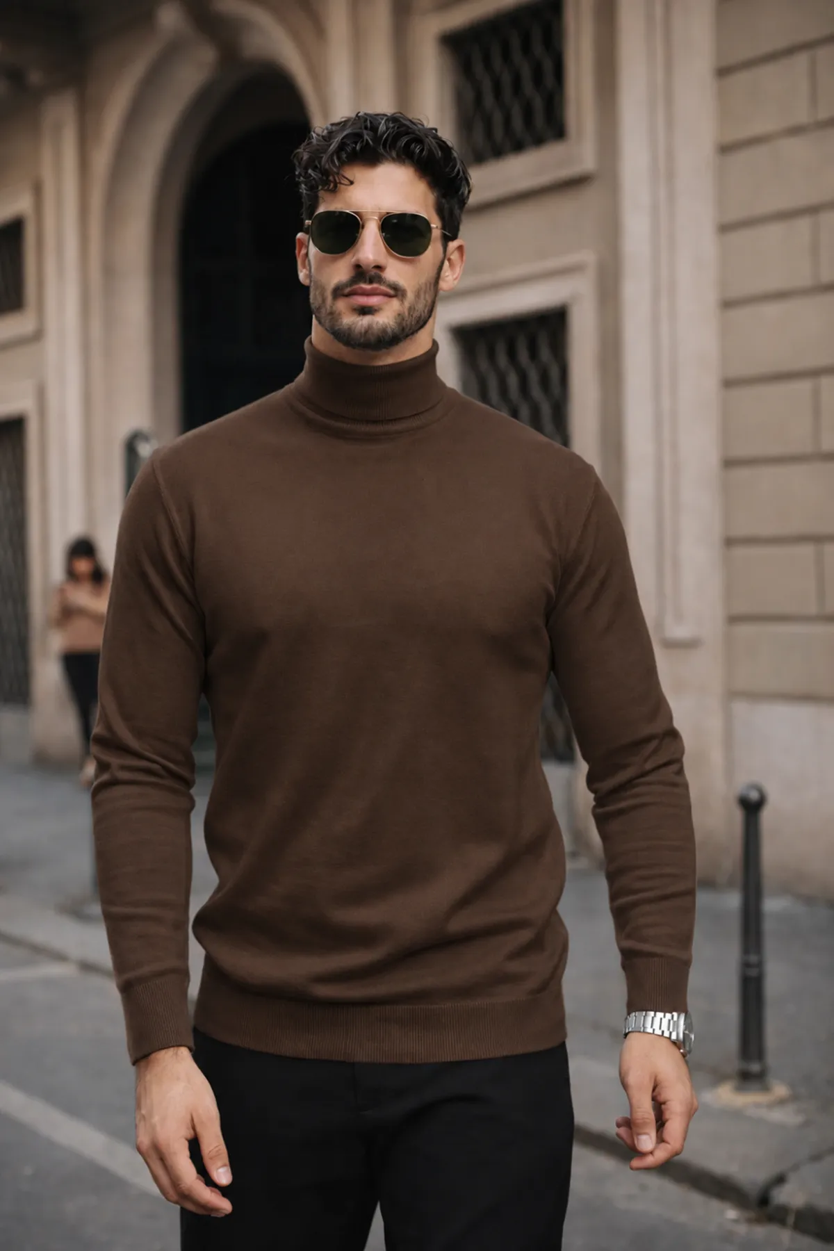 Erkek Kışlık Basic Slim Fit Uzun Kahve Kazak