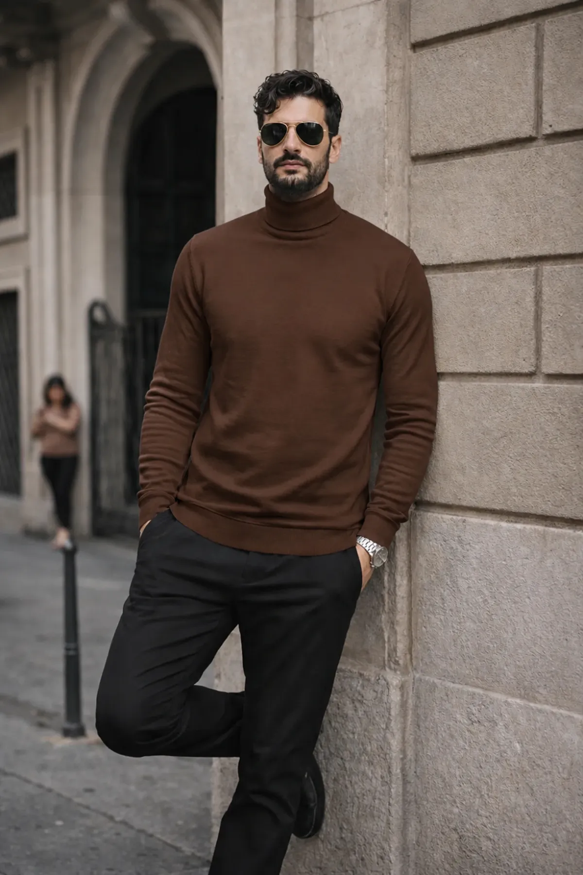 Erkek Kışlık Basic Slim Fit Uzun Kahve Kazak