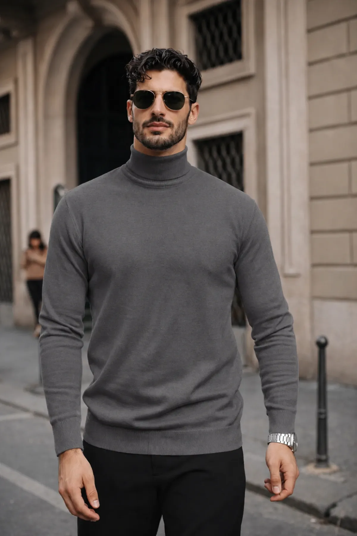 Erkek Kışlık Basic Slim Fit Uzun Antrasit Kazak