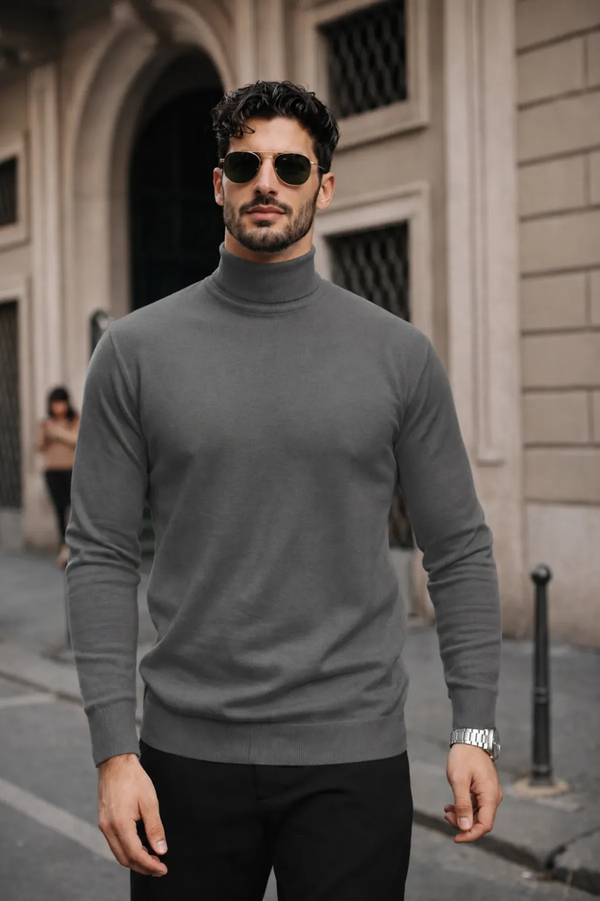 Erkek Kışlık Basic Slim Fit Uzun Antrasit Kazak