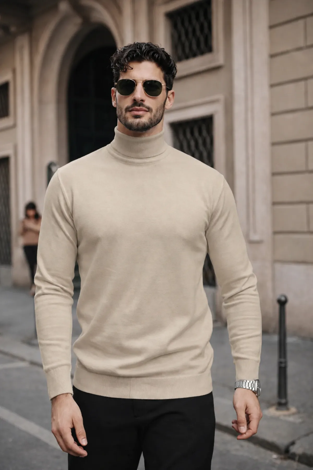Erkek Kışlık Basic Slim Fit Uzun Krem Kazak