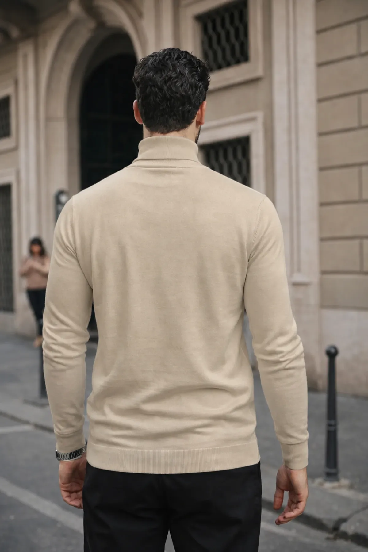 Erkek Kışlık Basic Slim Fit Uzun Krem Kazak