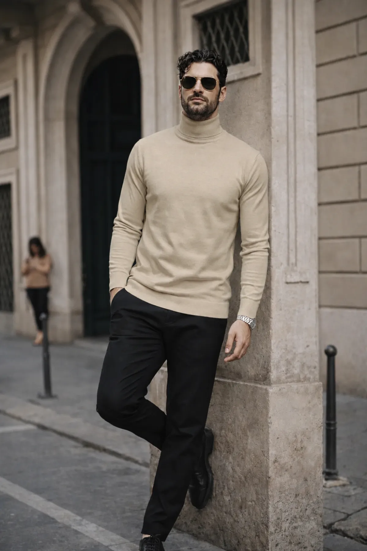 Erkek Kışlık Basic Slim Fit Uzun Krem Kazak
