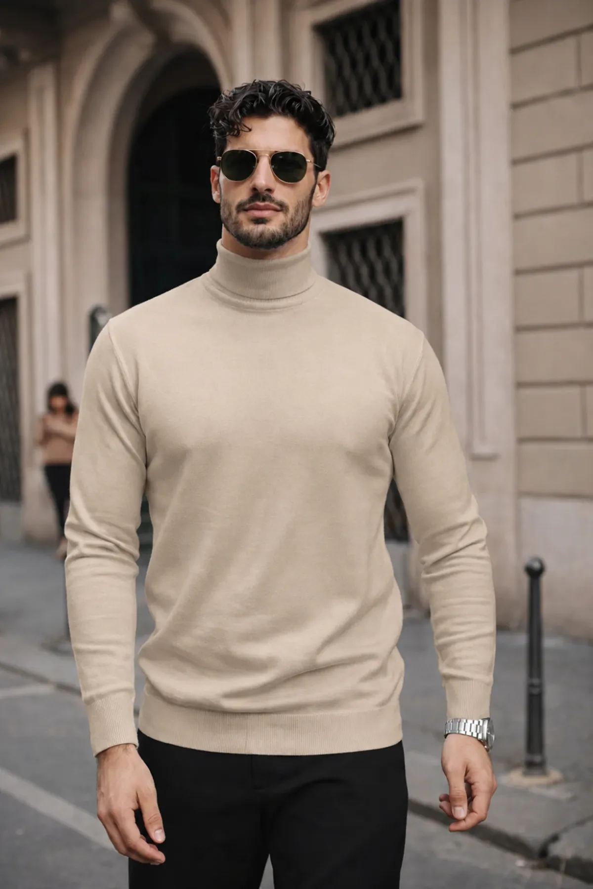 Erkek Kışlık Basic Slim Fit Uzun Krem Kazak